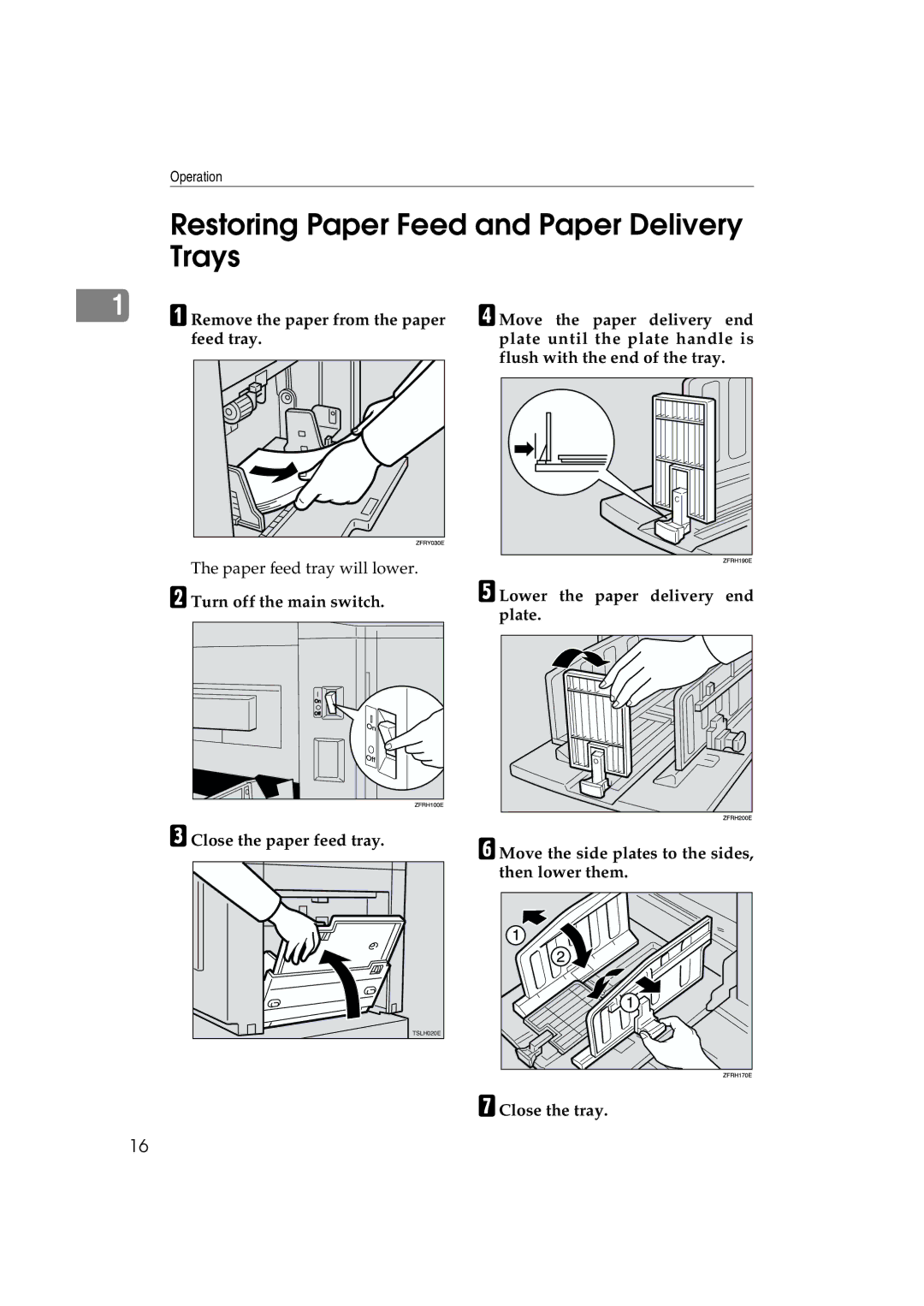 Lanier LDD030, JP1030 manual Restoring Paper Feed and Paper Delivery Trays, Remove the paper from the paper feed tray 