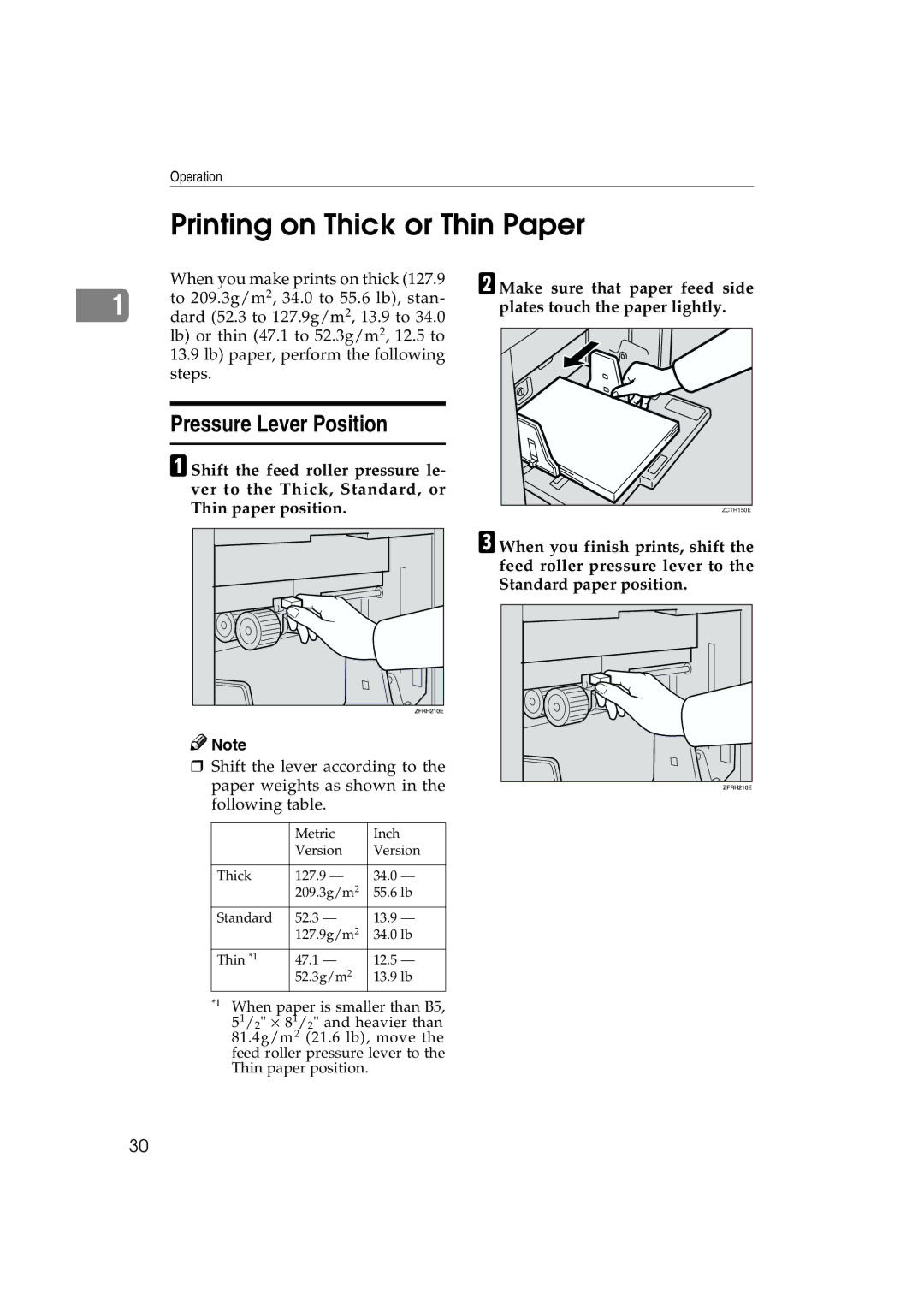 Lanier LDD030, JP1030 manual Printing on Thick or Thin Paper, Pressure Lever Position 