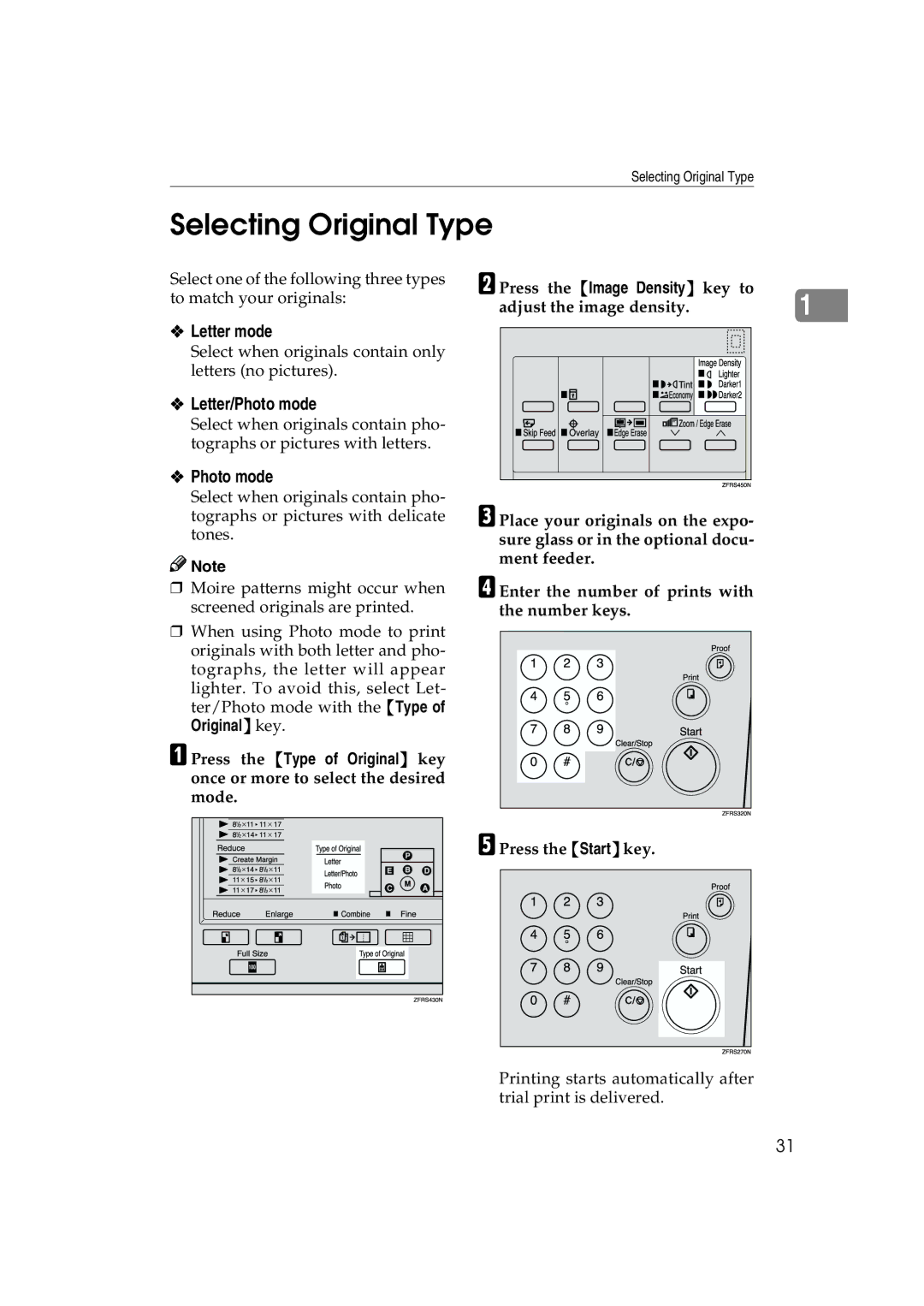 Lanier JP1030, LDD030 manual Selecting Original Type, Letter mode, Letter/Photo mode 