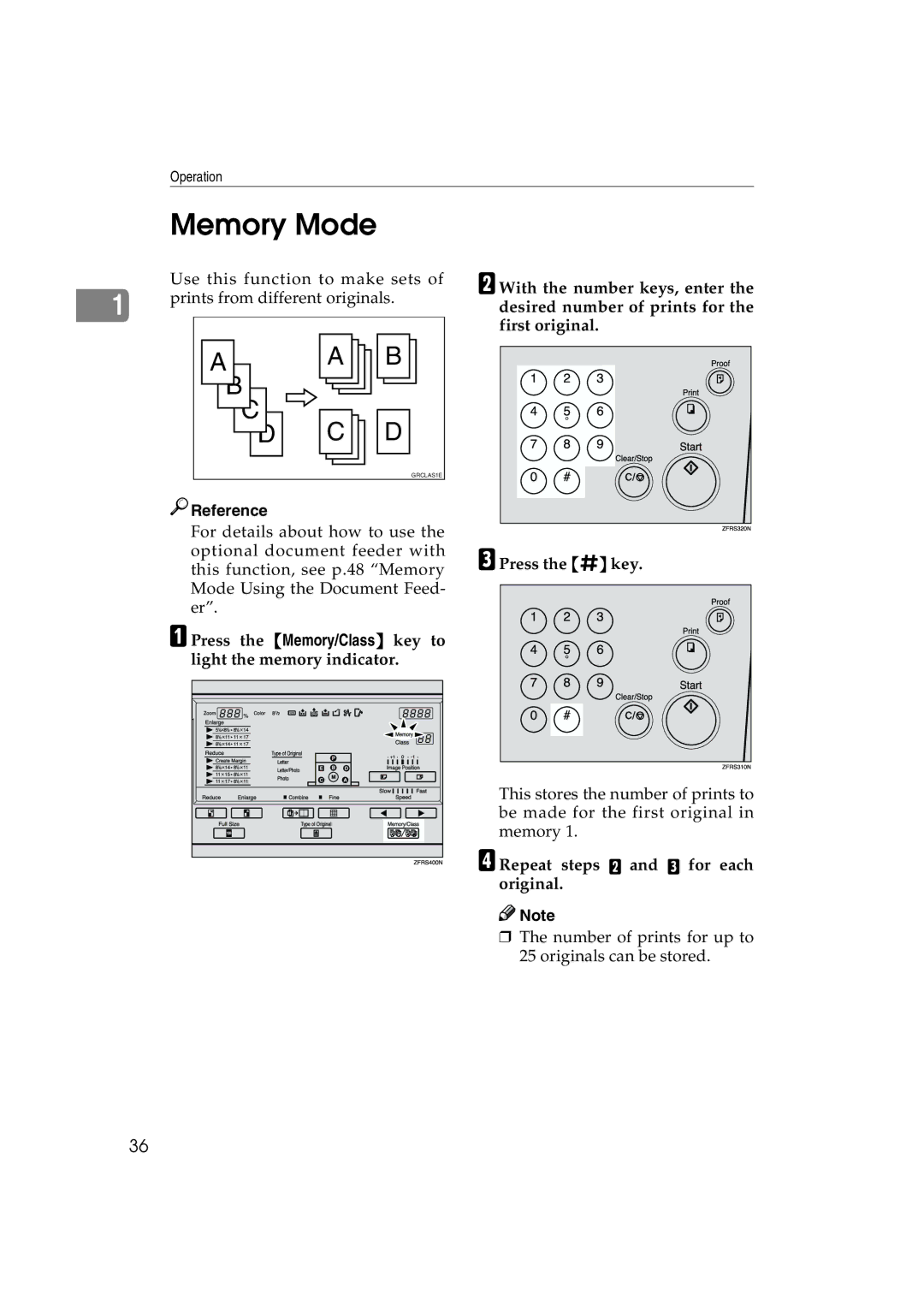 Lanier LDD030, JP1030 manual Memory Mode, Repeat steps B and C for each original 