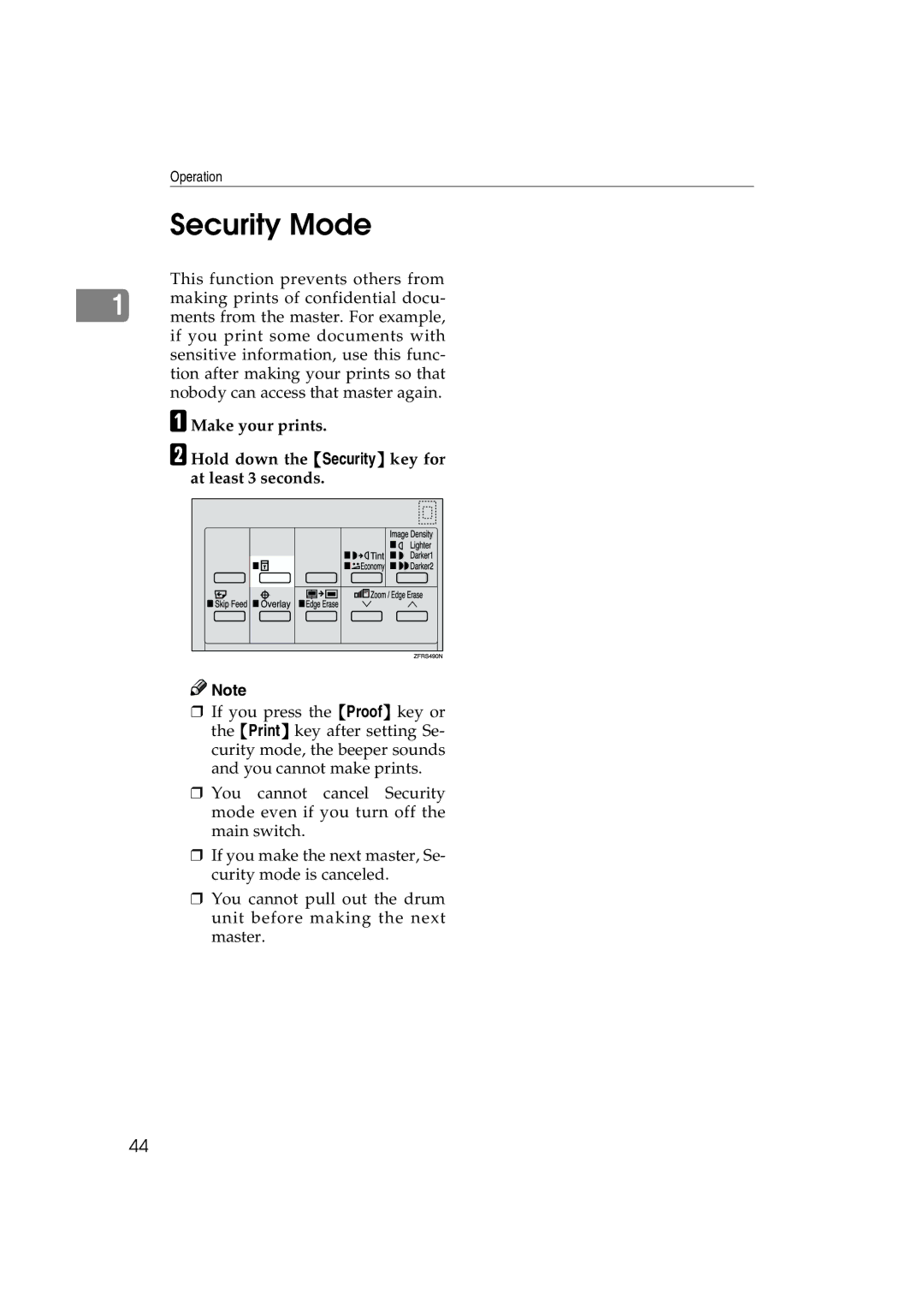 Lanier LDD030, JP1030 manual Security Mode 