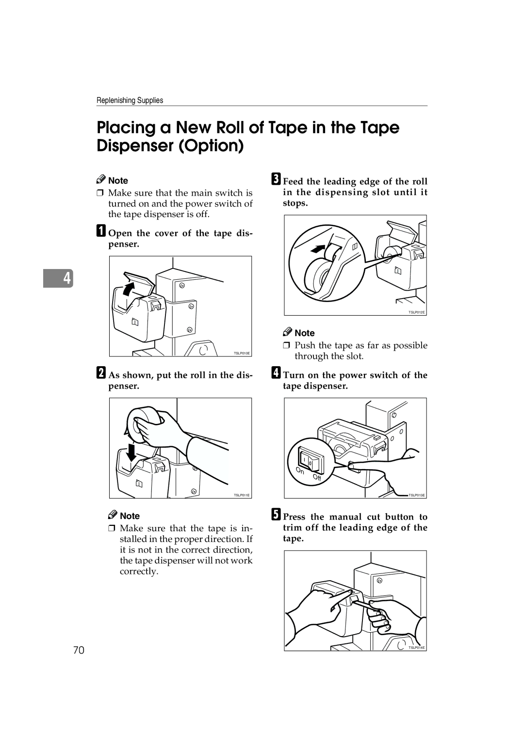 Lanier LDD030, JP1030 manual Placing a New Roll of Tape in the Tape Dispenser Option, Open the cover of the tape dis- penser 