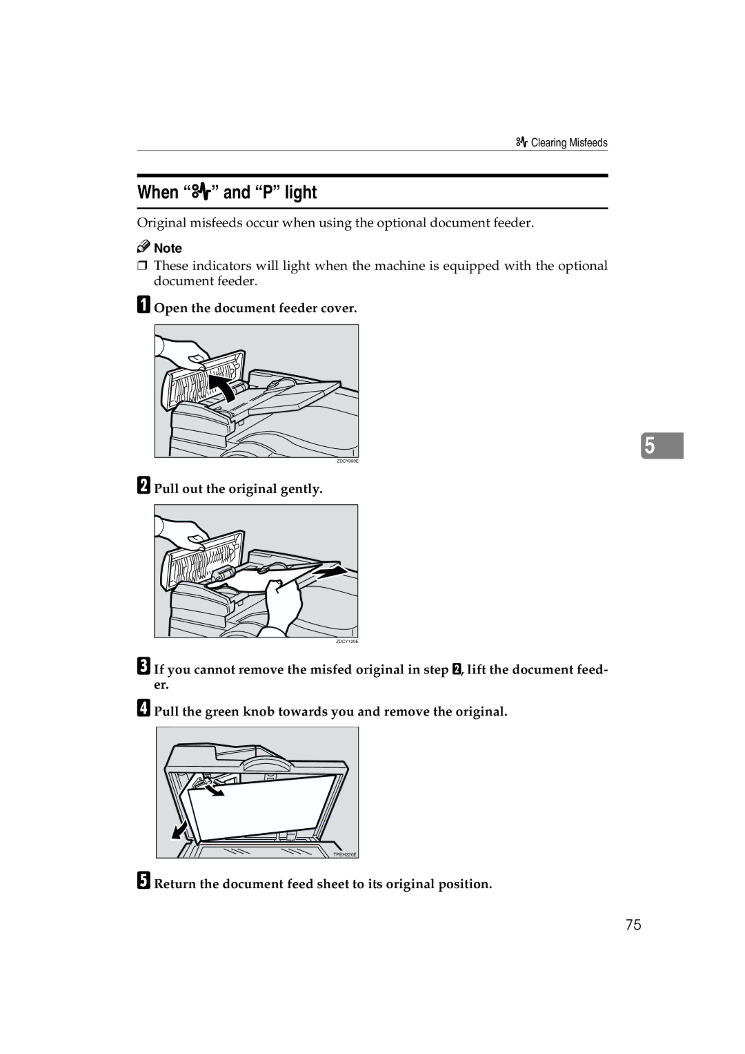 Lanier JP1030, LDD030 manual When x and P light, Open the document feeder cover, Pull out the original gently 