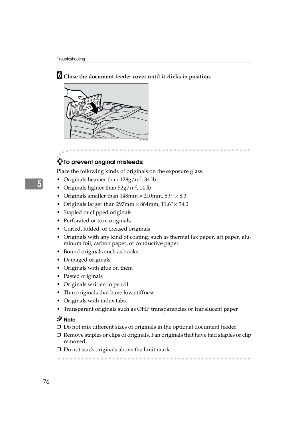 Lanier LDD030, JP1030 manual To prevent original misfeeds, Close the document feeder cover until it clicks in position 