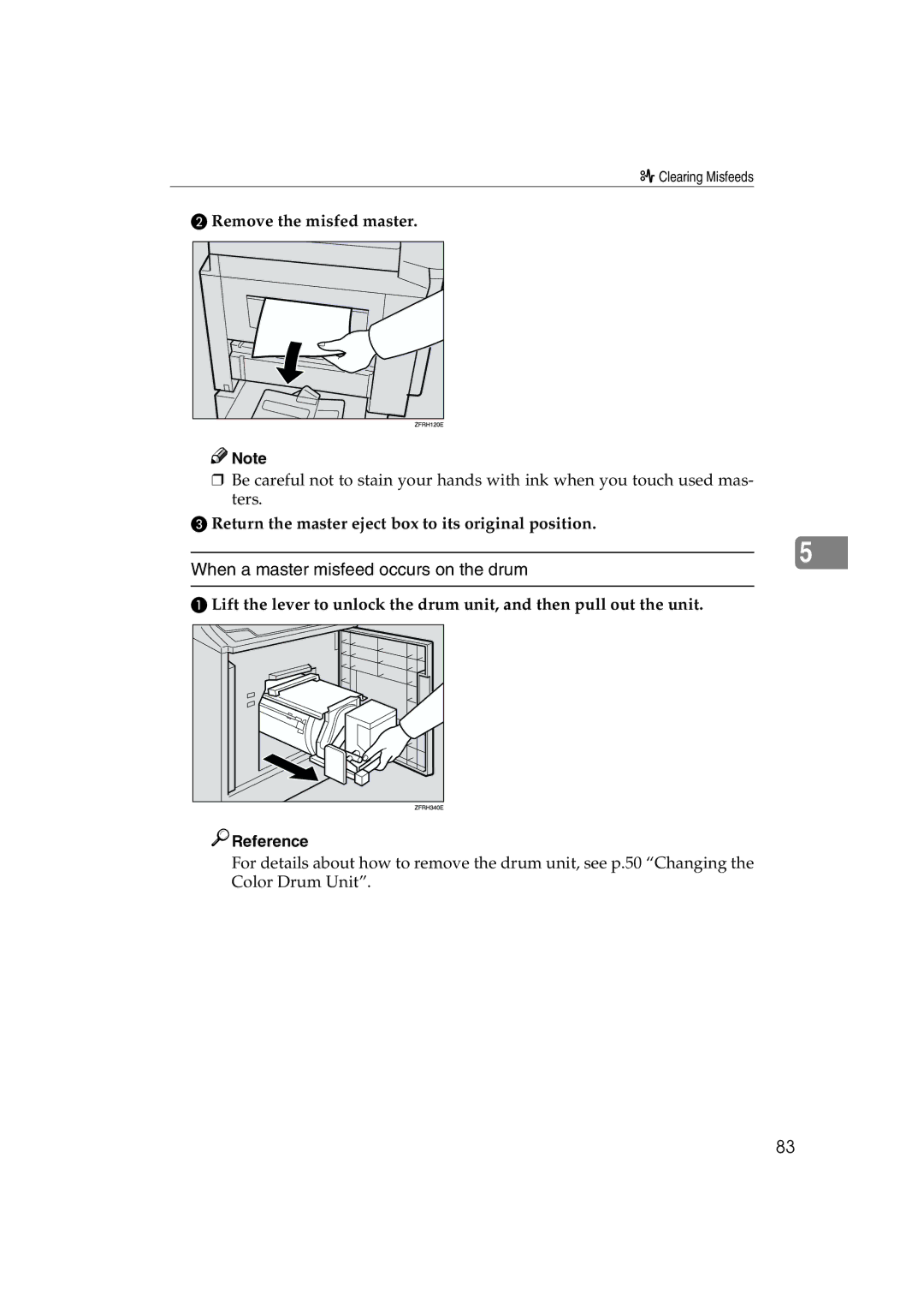 Lanier JP1030, LDD030 manual Remove the misfed master, Return the master eject box to its original position 