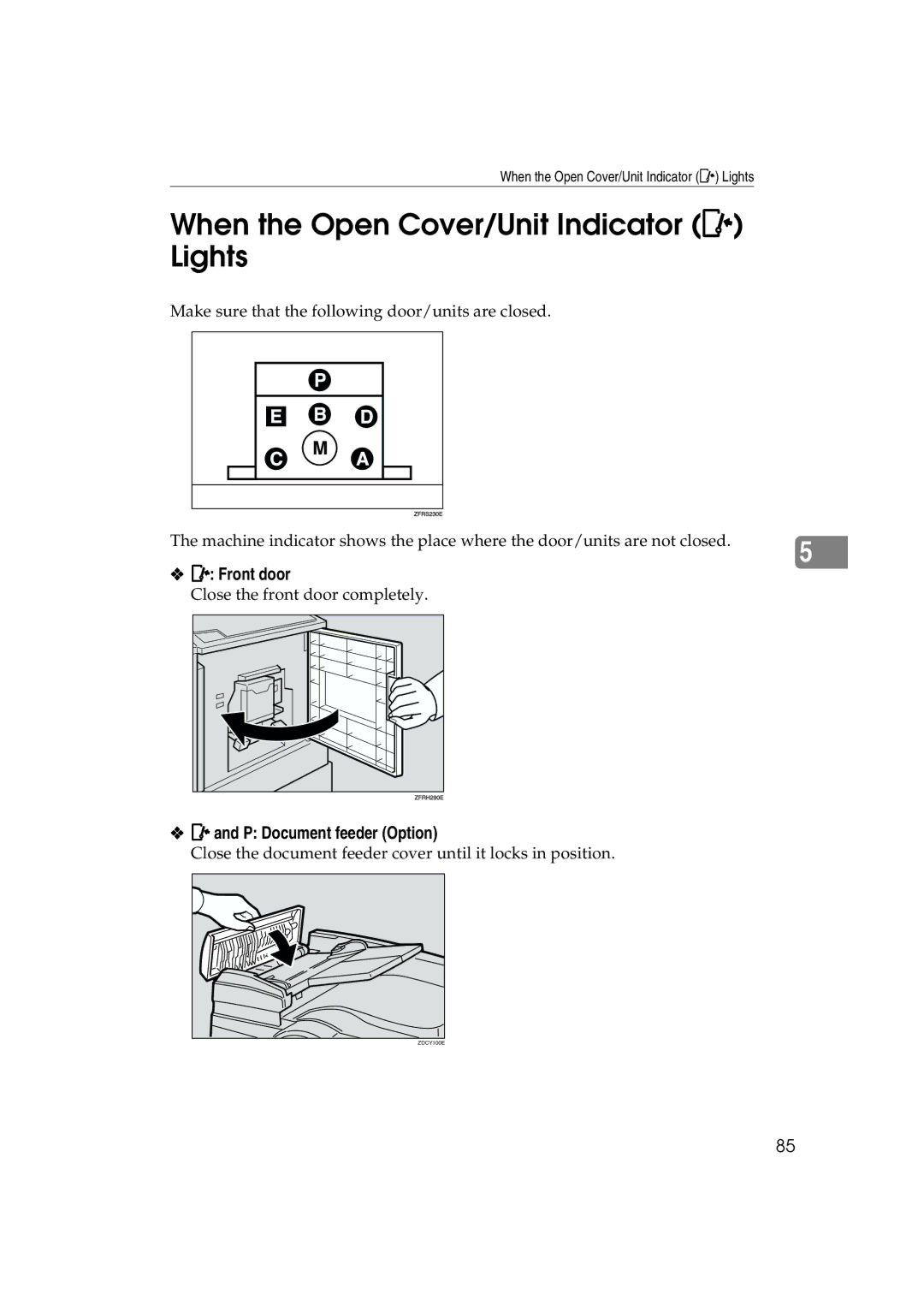 Lanier JP1030, LDD030 manual When the Open Cover/Unit Indicator M Lights, Front door, Mand P Document feeder Option 