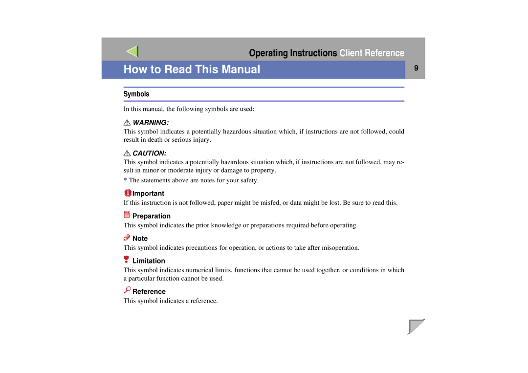 Lanier LP 036c operating instructions Symbols, Preparation, Limitation, Reference 