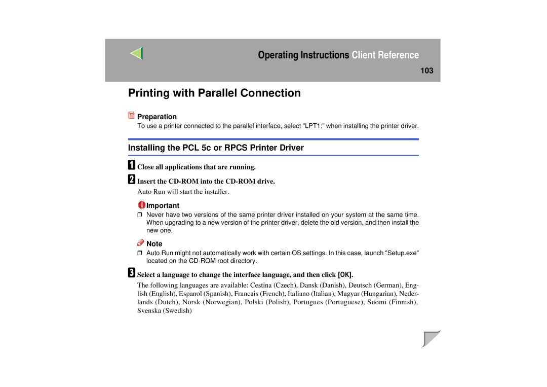 Lanier LP 036c operating instructions Printing with Parallel Connection, 103 