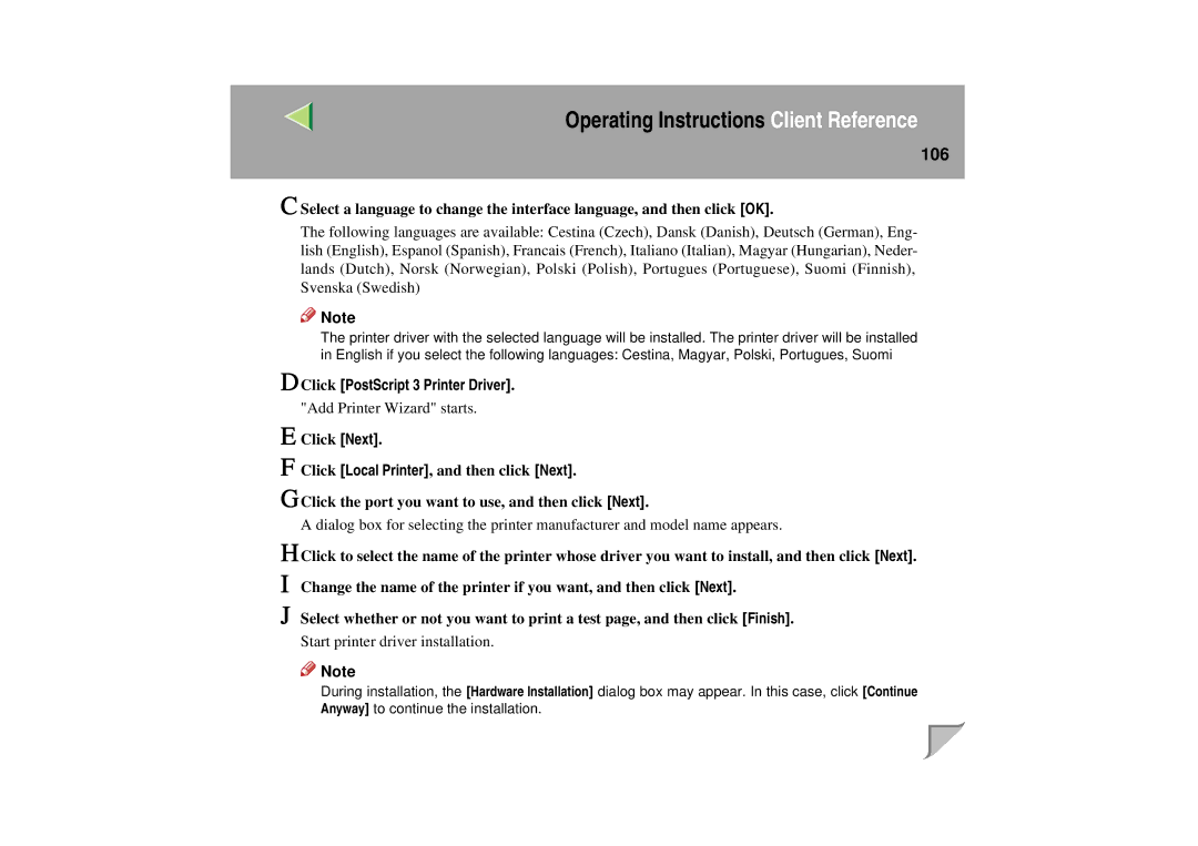 Lanier LP 036c operating instructions 106, Click PostScript 3 Printer Driver 