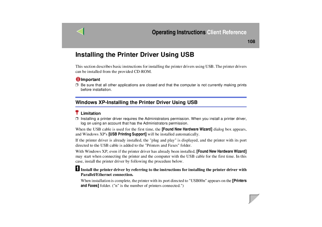 Lanier LP 036c operating instructions Windows XP-Installing the Printer Driver Using USB, 108 