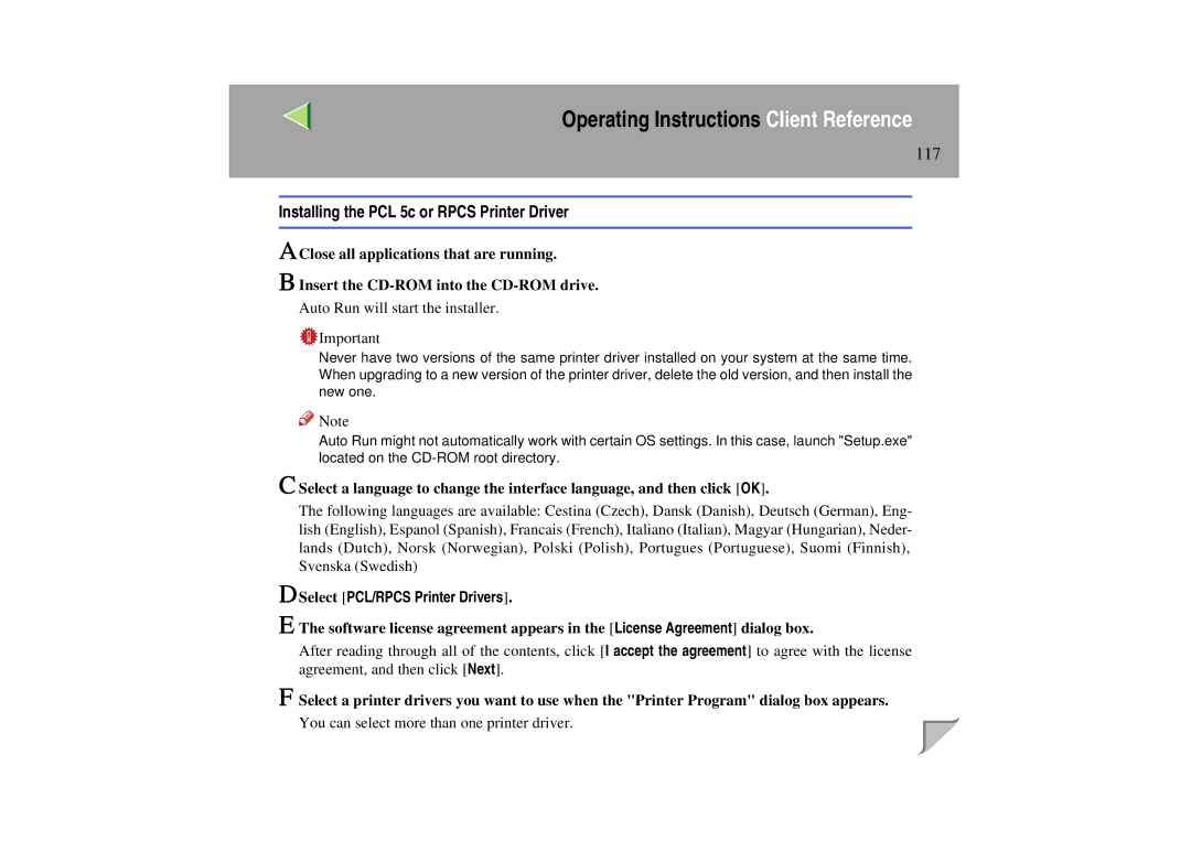 Lanier LP 036c operating instructions Installing the PCL 5c or Rpcs Printer Driver, Select PCL/RPCS Printer Drivers 