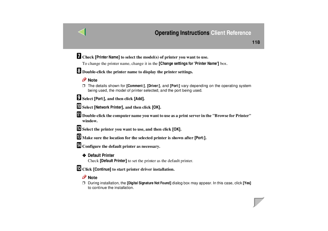 Lanier LP 036c operating instructions 118, Default Printer 