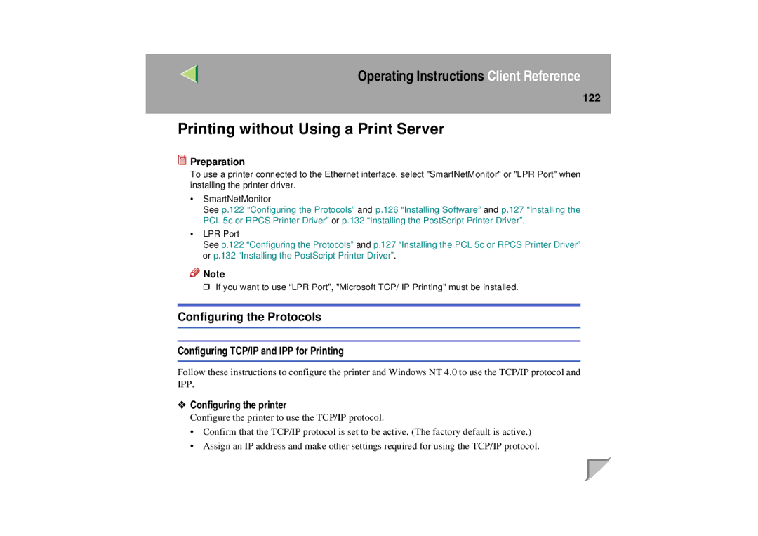 Lanier LP 036c operating instructions Printing without Using a Print Server, 122 