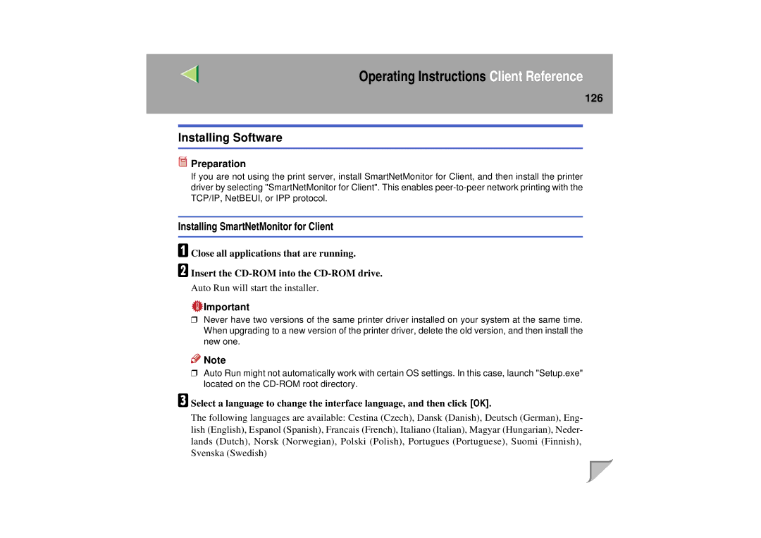 Lanier LP 036c operating instructions Installing Software, 126 