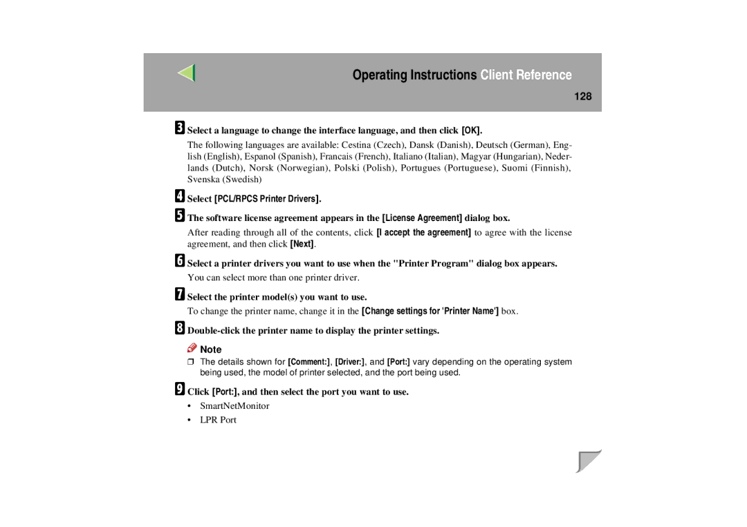 Lanier LP 036c operating instructions 128, Select PCL/RPCS Printer Drivers 