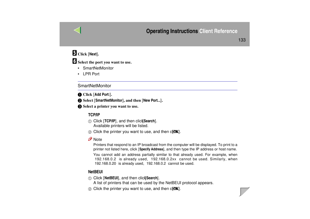 Lanier LP 036c operating instructions 133, Click Add Port Select SmartNetMonitor, and then New Port 