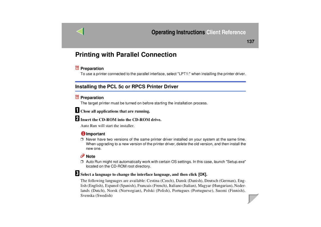 Lanier LP 036c operating instructions Printing with Parallel Connection, 137 