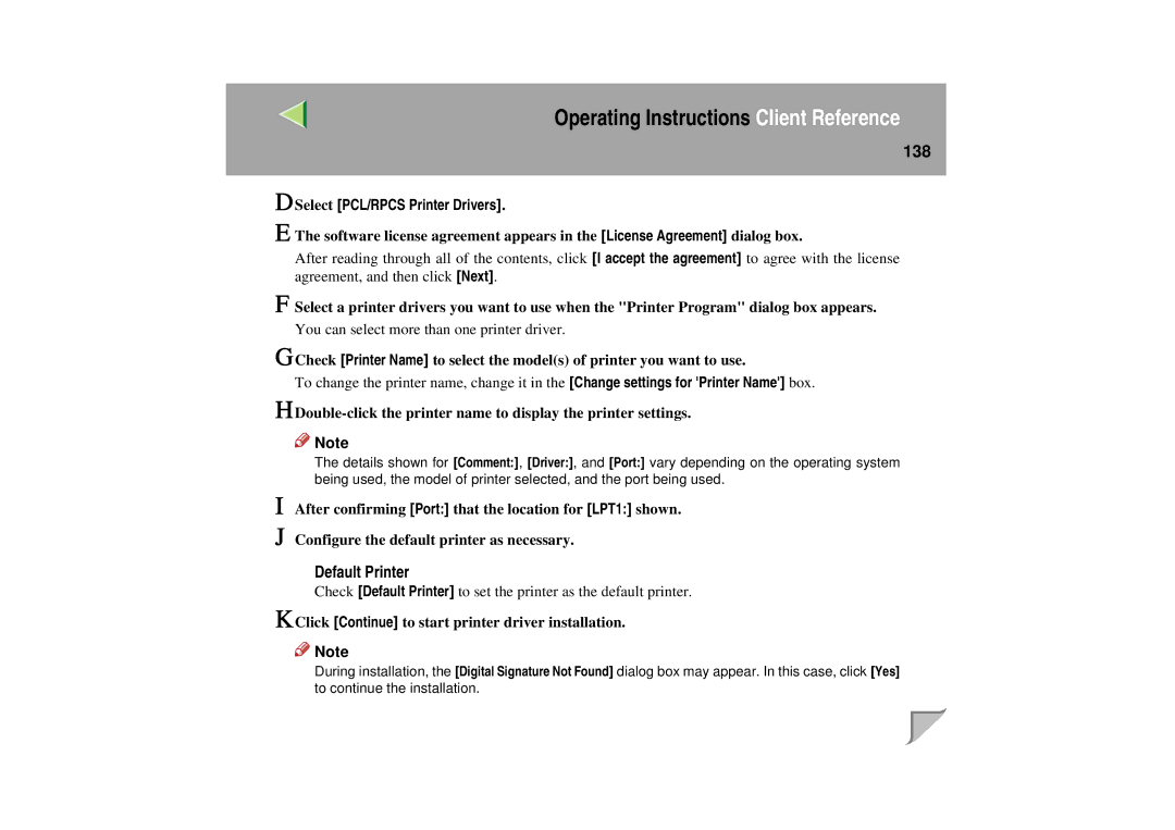 Lanier LP 036c operating instructions 138, Select PCL/RPCS Printer Drivers 