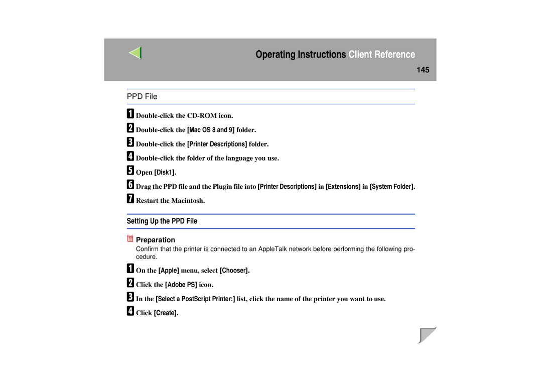 Lanier LP 036c operating instructions 145, Setting Up the PPD File, Open Disk1 