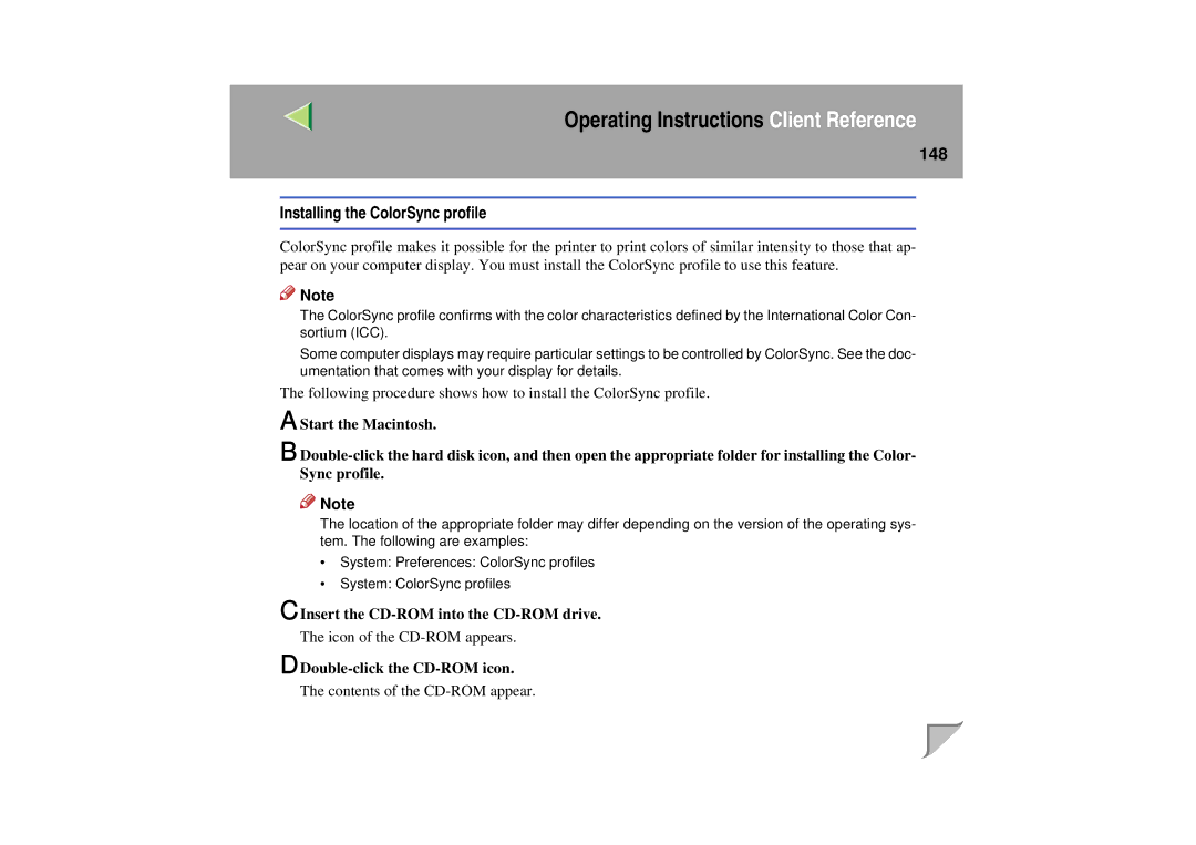 Lanier LP 036c operating instructions Installing the ColorSync profile 