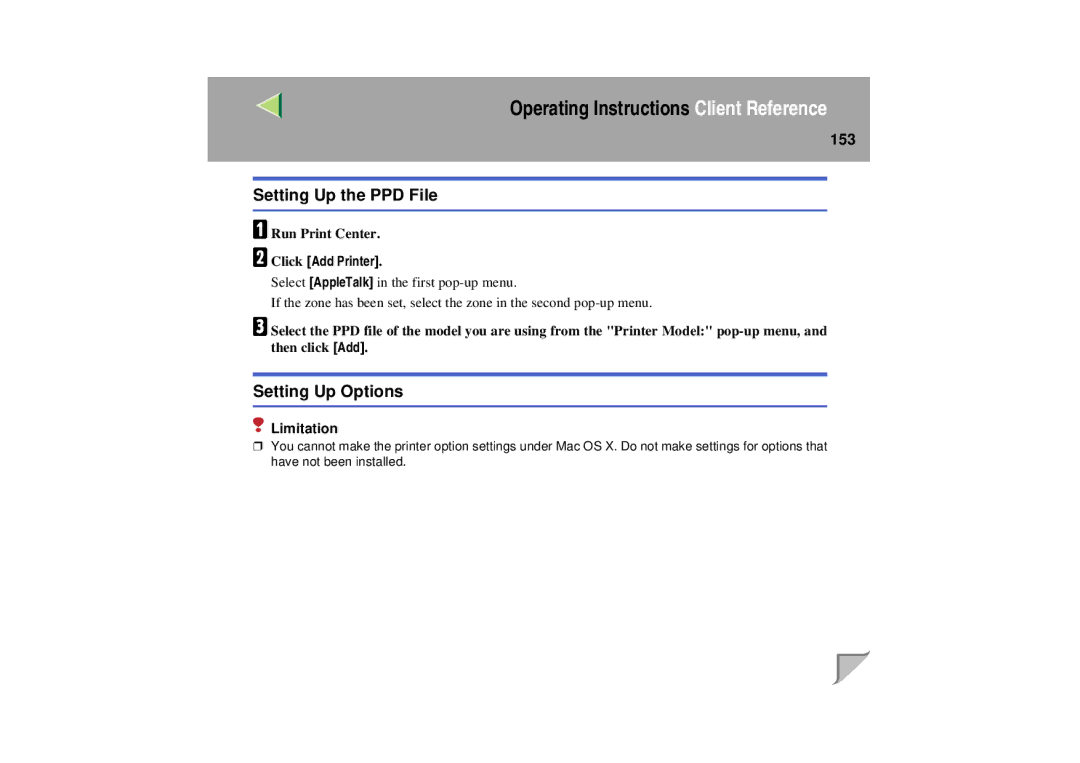 Lanier LP 036c operating instructions Setting Up the PPD File, Setting Up Options, 153, Click Add Printer 