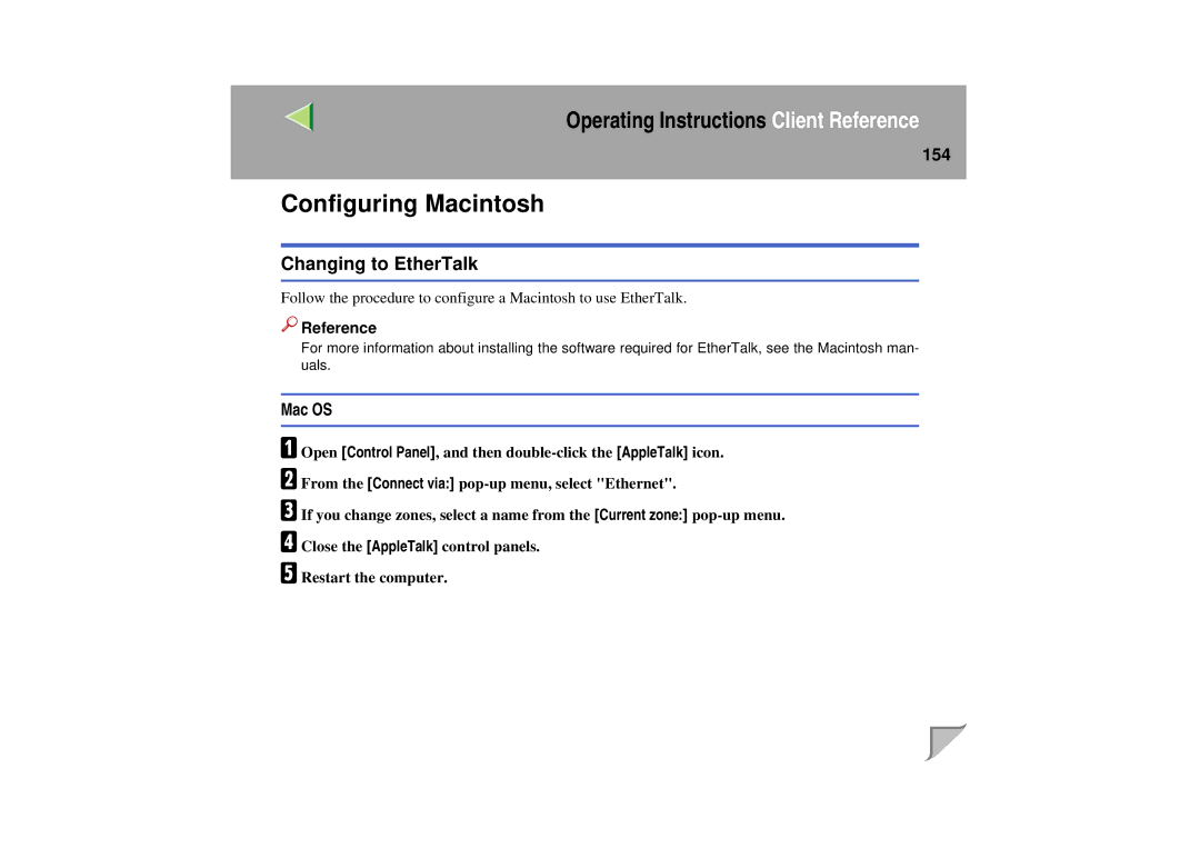 Lanier LP 036c operating instructions Configuring Macintosh, Changing to EtherTalk, 154, Mac OS 