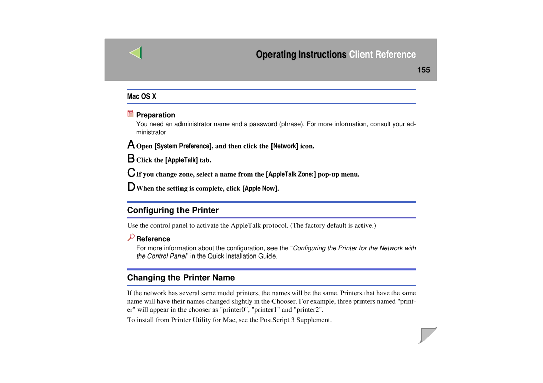 Lanier LP 036c operating instructions Configuring the Printer, Changing the Printer Name, Mac OS 