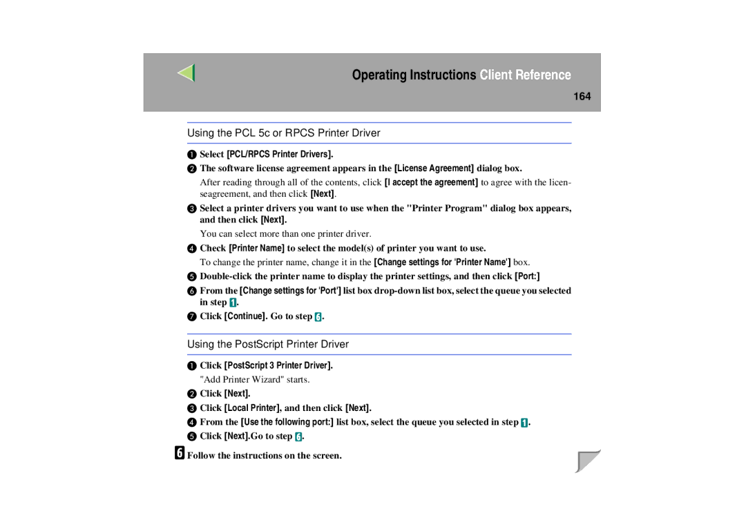 Lanier LP 036c operating instructions 164, Select PCL/RPCS Printer Drivers 