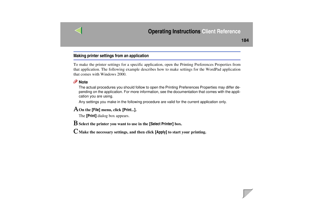 Lanier LP 036c operating instructions Making printer settings from an application 