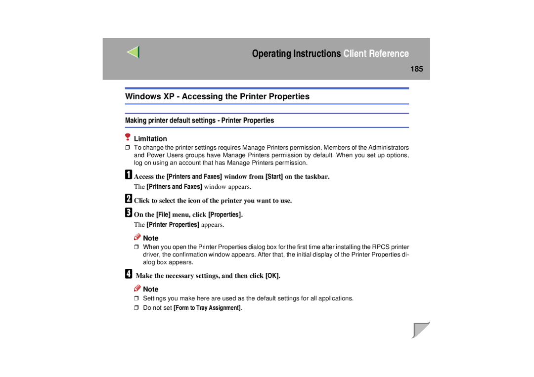 Lanier LP 036c operating instructions Windows XP Accessing the Printer Properties, 185, Pritners and Faxes window appears 