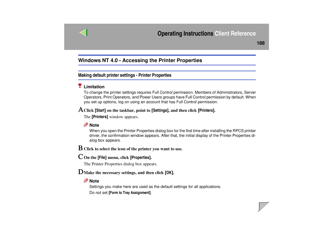 Lanier LP 036c Windows NT 4.0 Accessing the Printer Properties, 188, Making default printer settings Printer Properties 