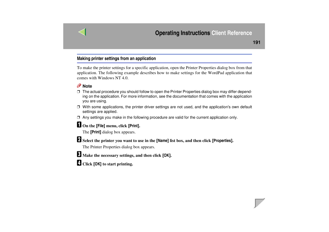 Lanier LP 036c operating instructions Making printer settings from an application 