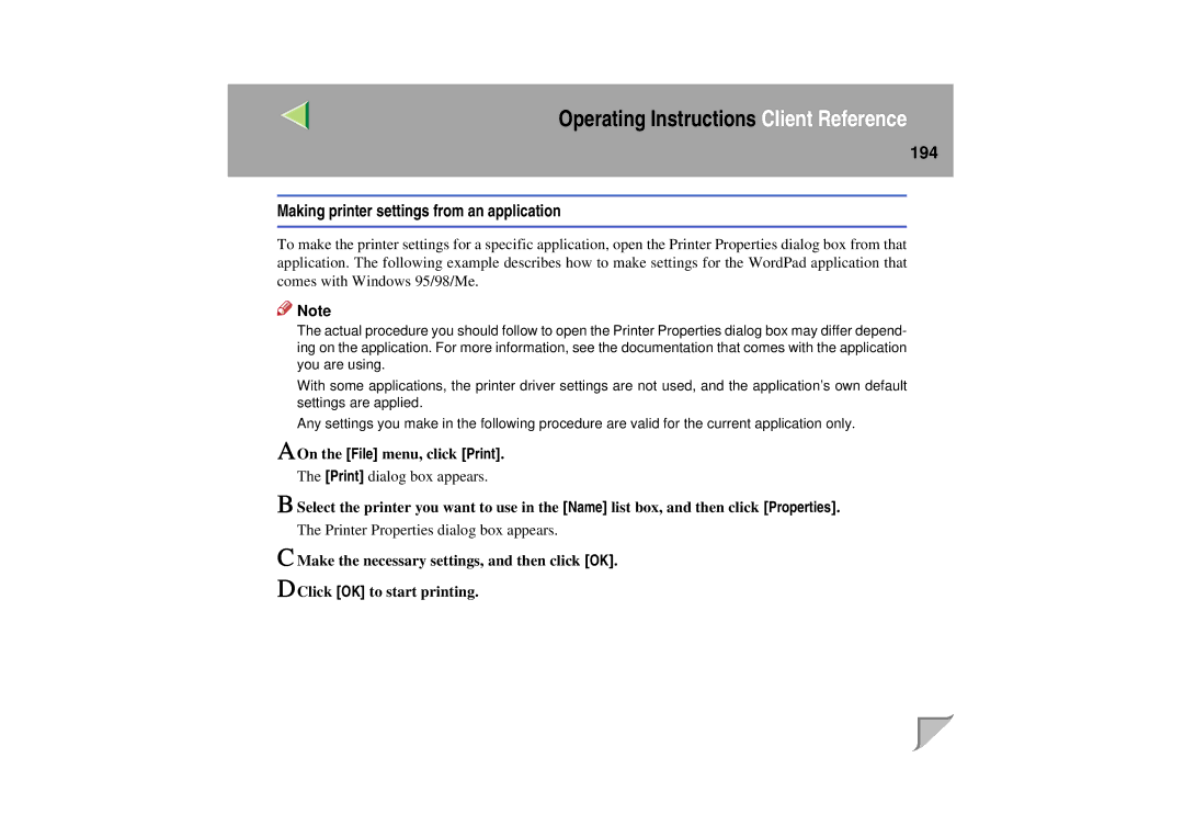 Lanier LP 036c operating instructions Making printer settings from an application 