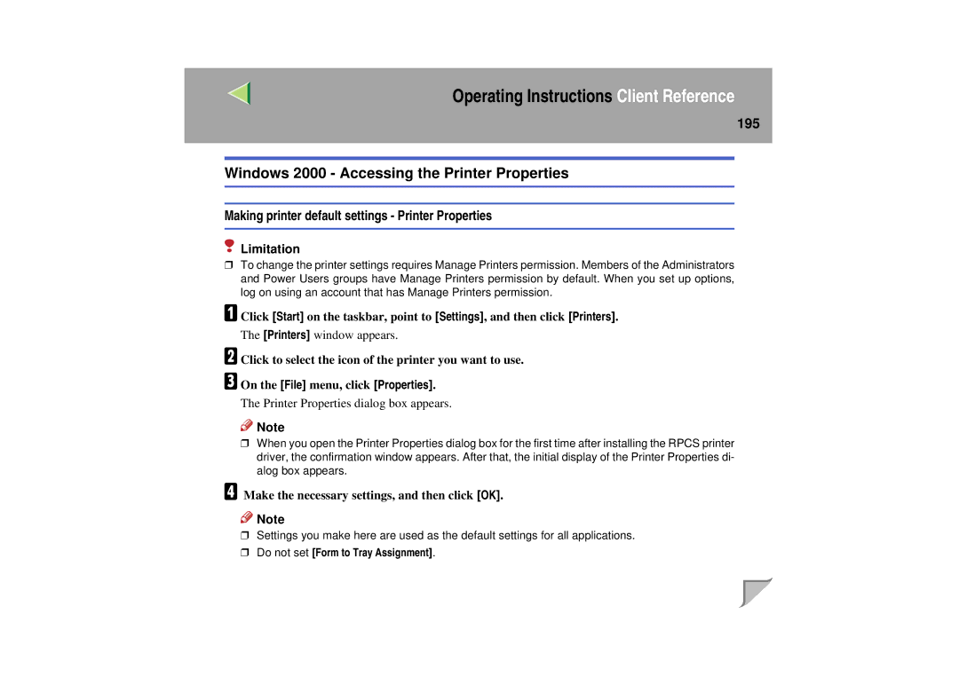 Lanier LP 036c operating instructions Windows 2000 Accessing the Printer Properties, 195 