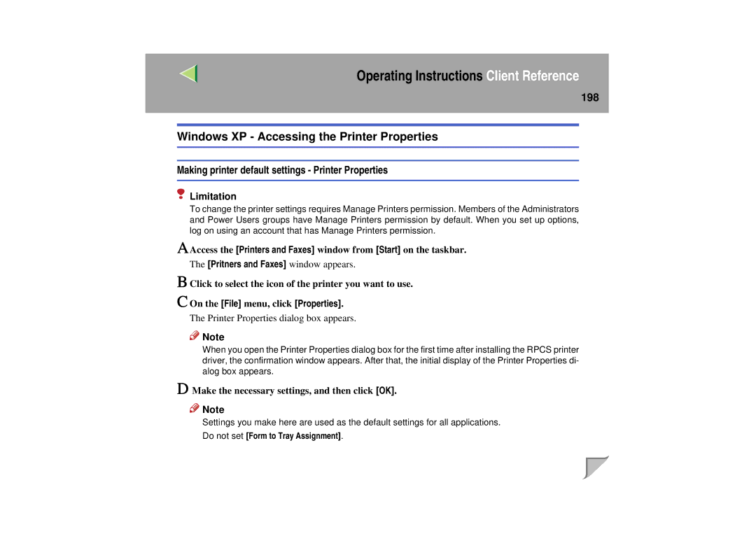 Lanier LP 036c operating instructions Windows XP Accessing the Printer Properties, 198 