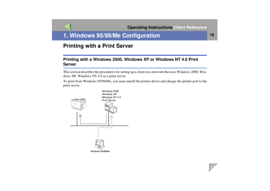 Lanier LP 036c operating instructions Windows 95/98/Me Configuration, Printing with a Print Server 