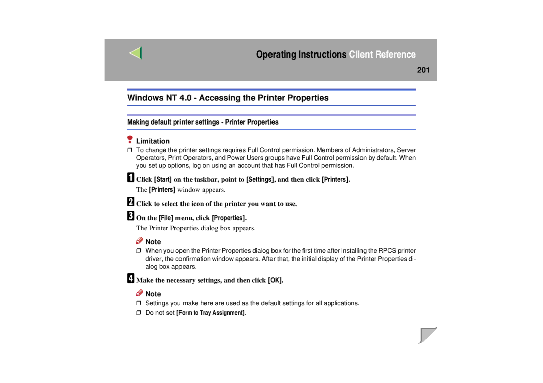 Lanier LP 036c operating instructions Windows NT 4.0 Accessing the Printer Properties, 201 