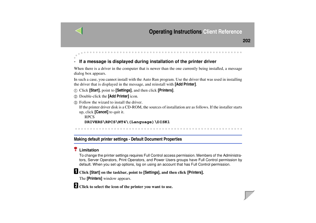 Lanier LP 036c operating instructions Making default printer settings Default Document Properties 