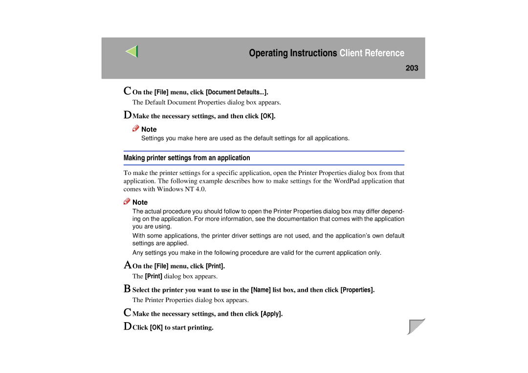 Lanier LP 036c operating instructions 203, On the File menu, click Document Defaults 