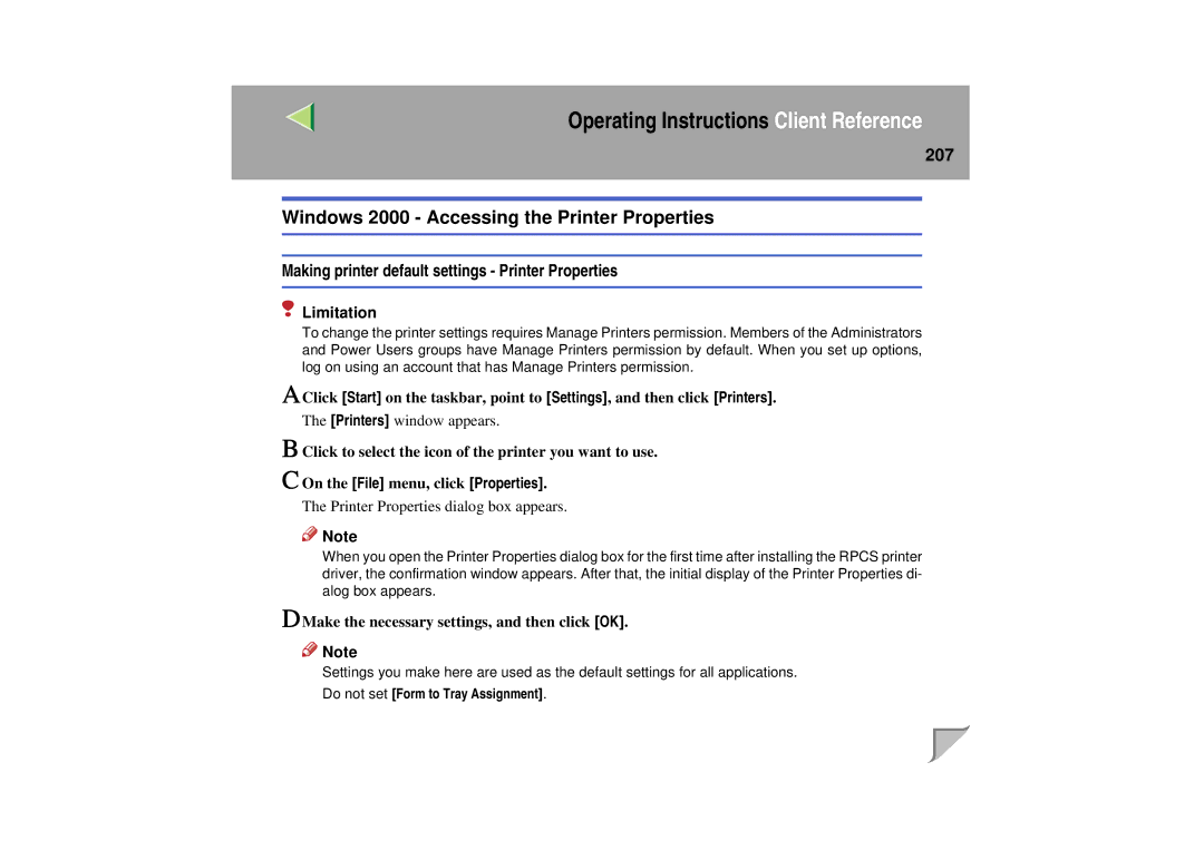 Lanier LP 036c operating instructions Windows 2000 Accessing the Printer Properties, 207 