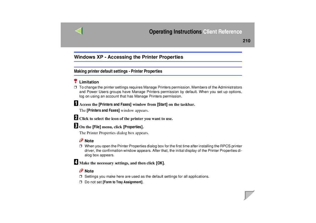 Lanier LP 036c operating instructions Windows XP Accessing the Printer Properties, 210 