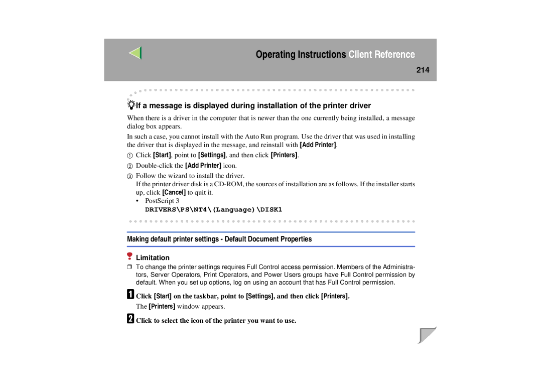 Lanier LP 036c operating instructions Making default printer settings Default Document Properties 