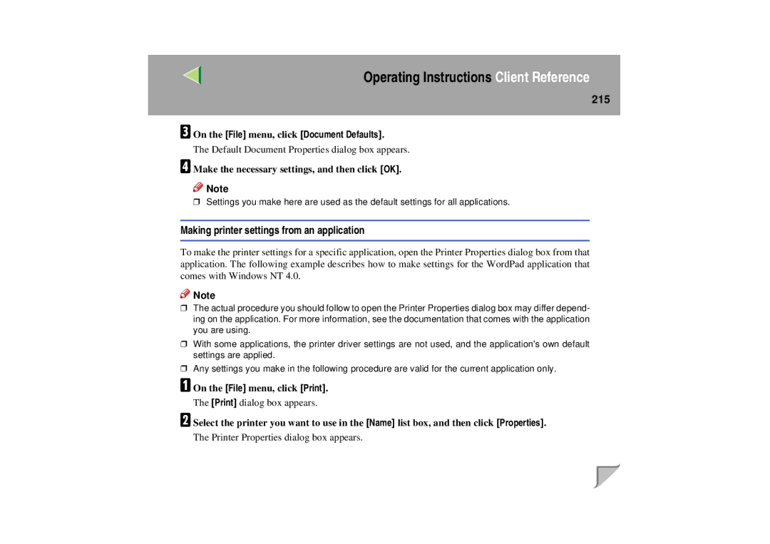 Lanier LP 036c operating instructions 215, On the File menu, click Document Defaults 