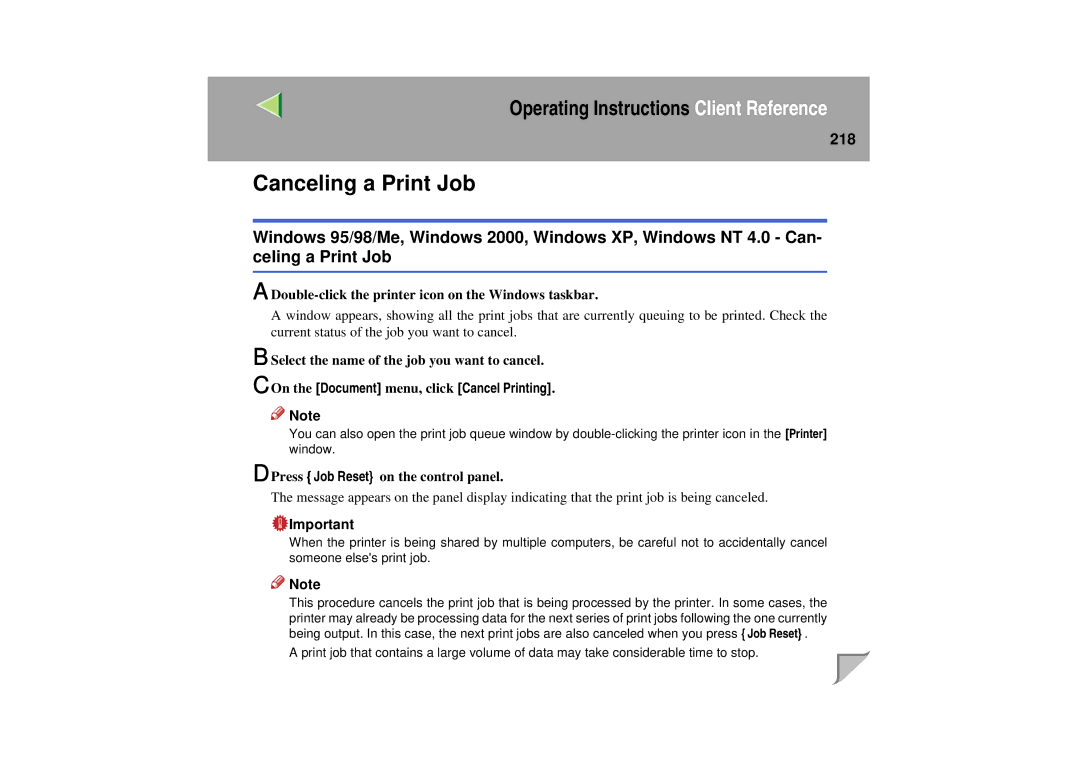 Lanier LP 036c operating instructions Canceling a Print Job, 218, On the Document menu, click Cancel Printing 