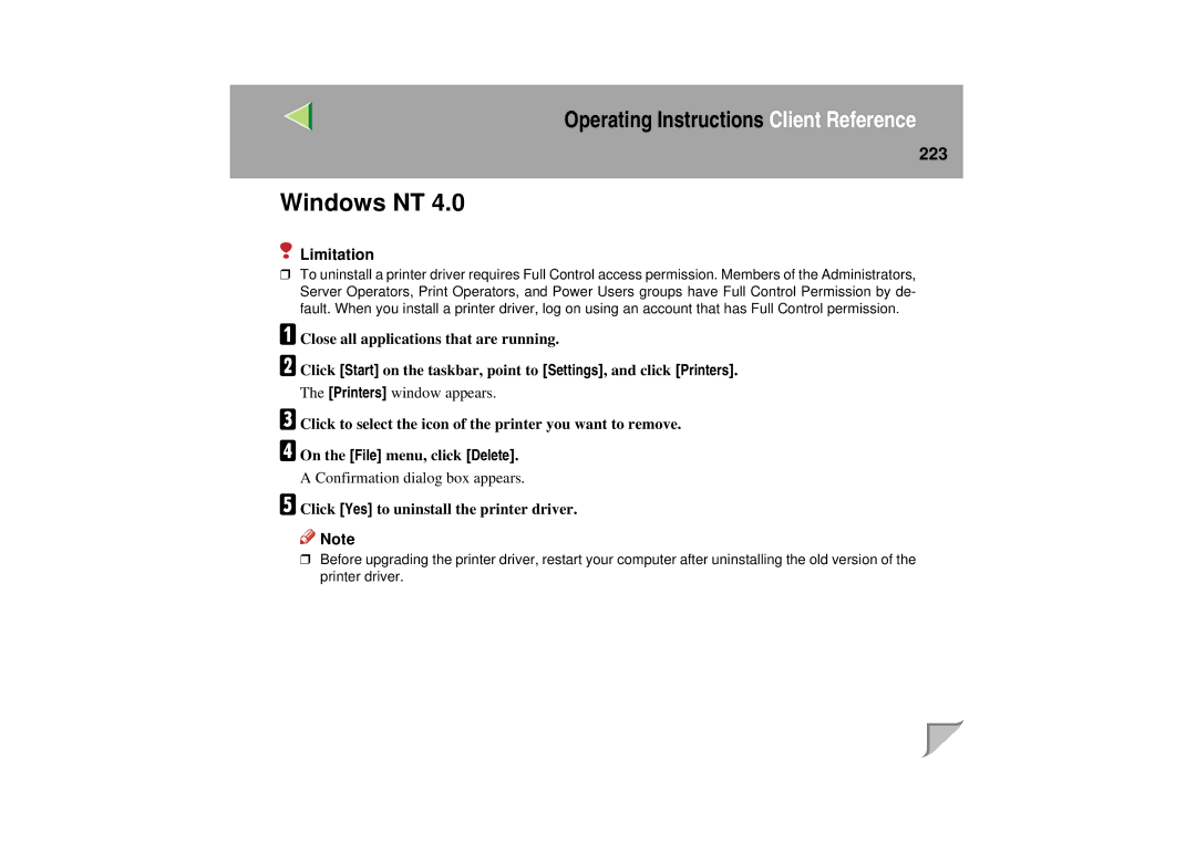 Lanier LP 036c operating instructions Windows NT, 223 