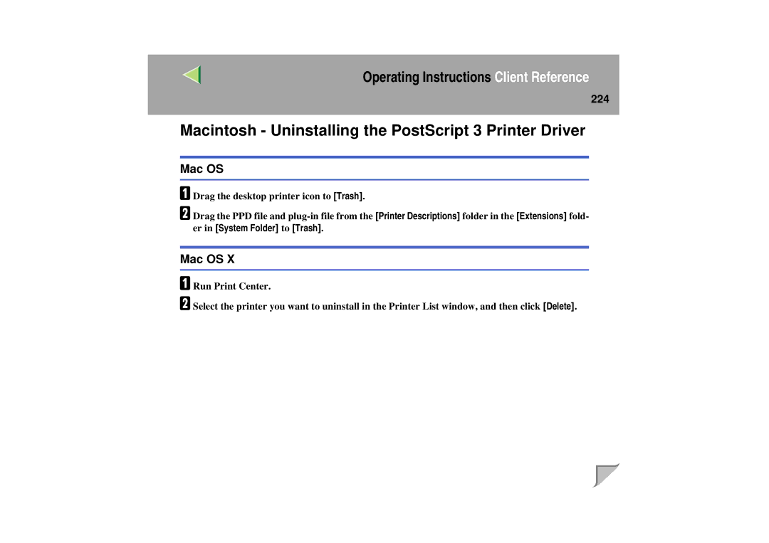 Lanier LP 036c operating instructions Macintosh Uninstalling the PostScript 3 Printer Driver, Mac OS, 224 