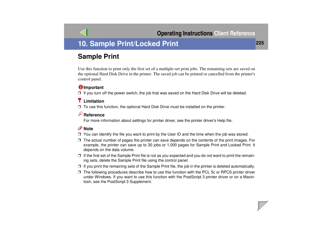 Lanier LP 036c operating instructions Sample Print, 225 