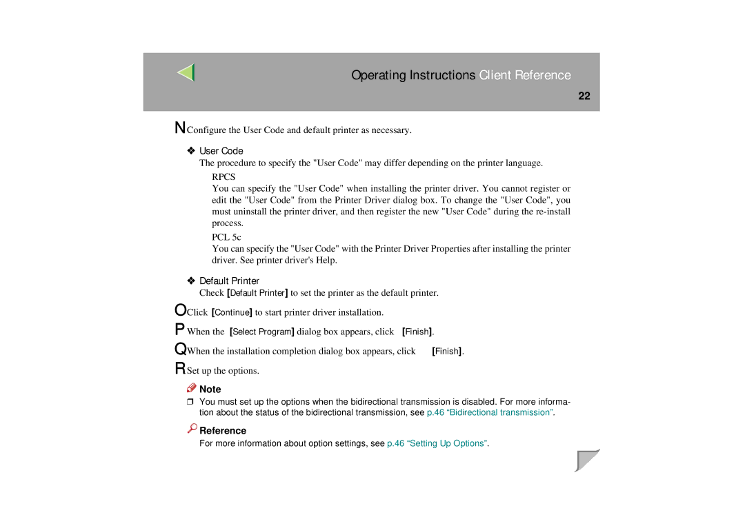 Lanier LP 036c operating instructions User Code, Default Printer 