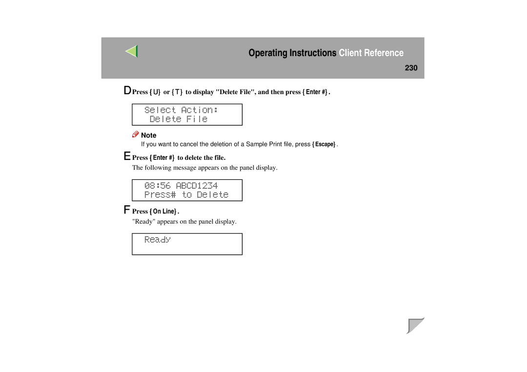 Lanier LP 036c operating instructions Select Action Delete File, 230 