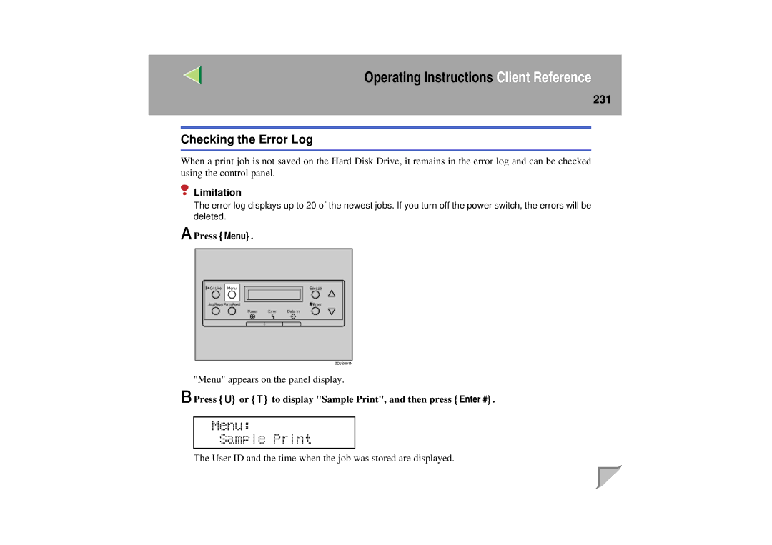 Lanier LP 036c operating instructions Checking the Error Log, 231 